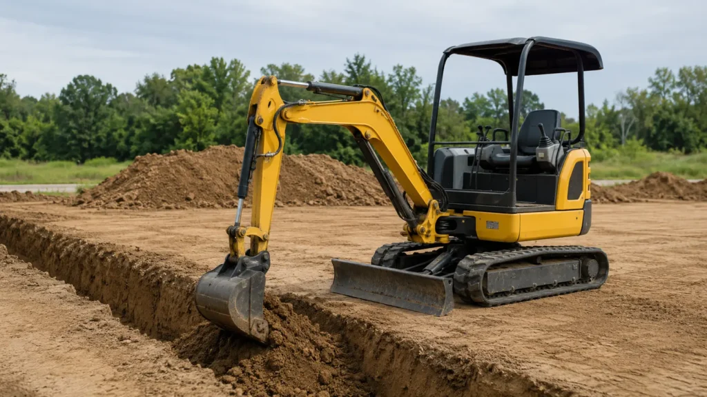 Mini excavator bucket application at a construction jobsite beside a trench