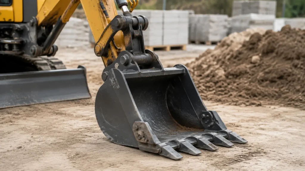 Mini excavator bucket size guide showing bucket teeth, cutting edge and attachment connection