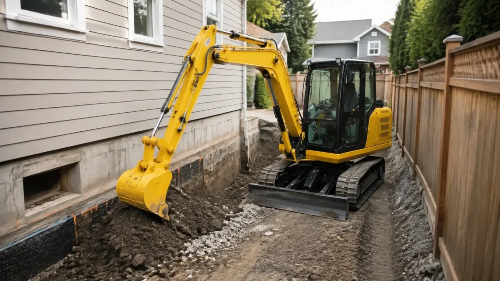 Mini excavator working beside a residential foundation in a restricted-access jobsite